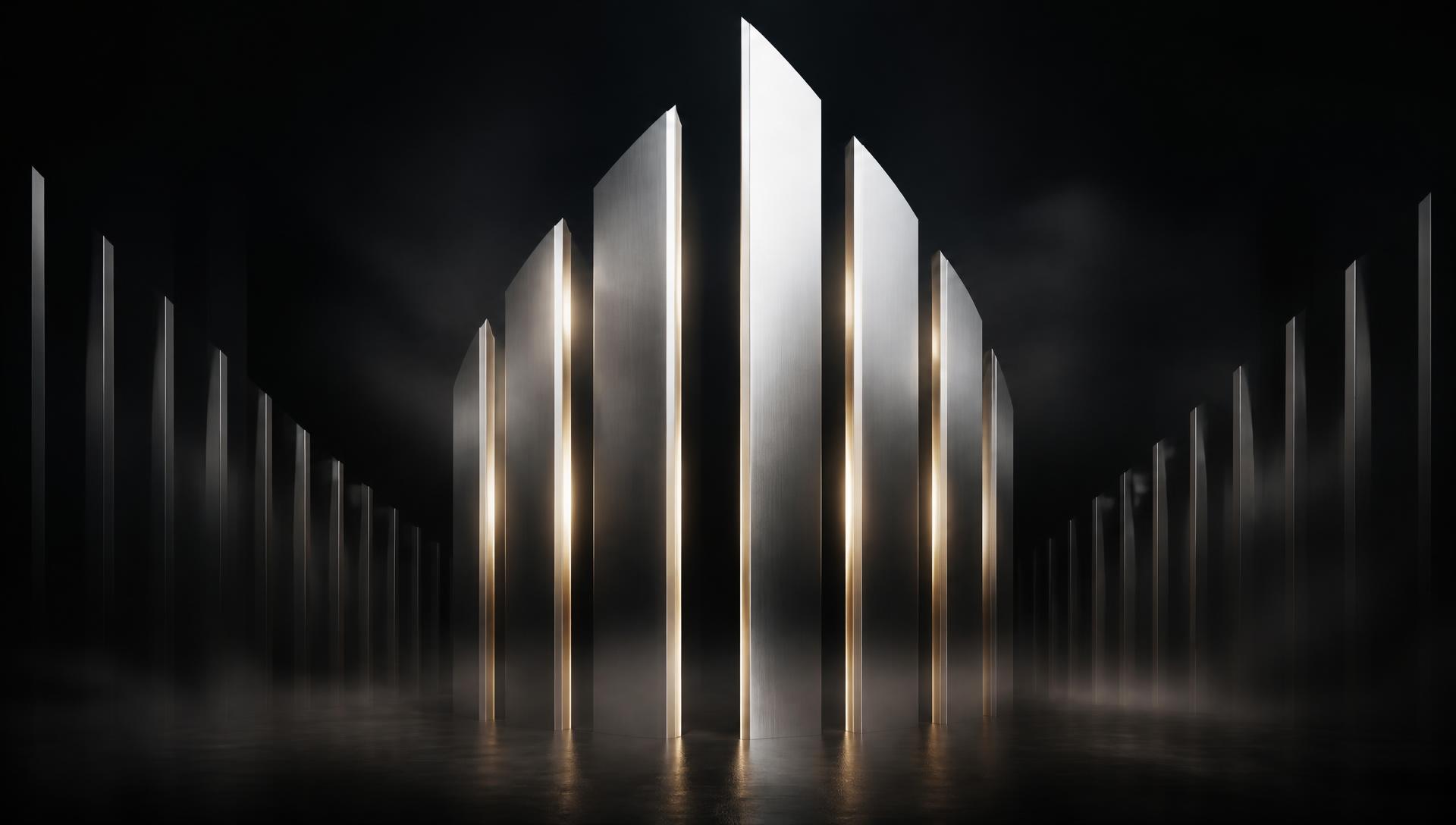 A silver architectural formation in low light